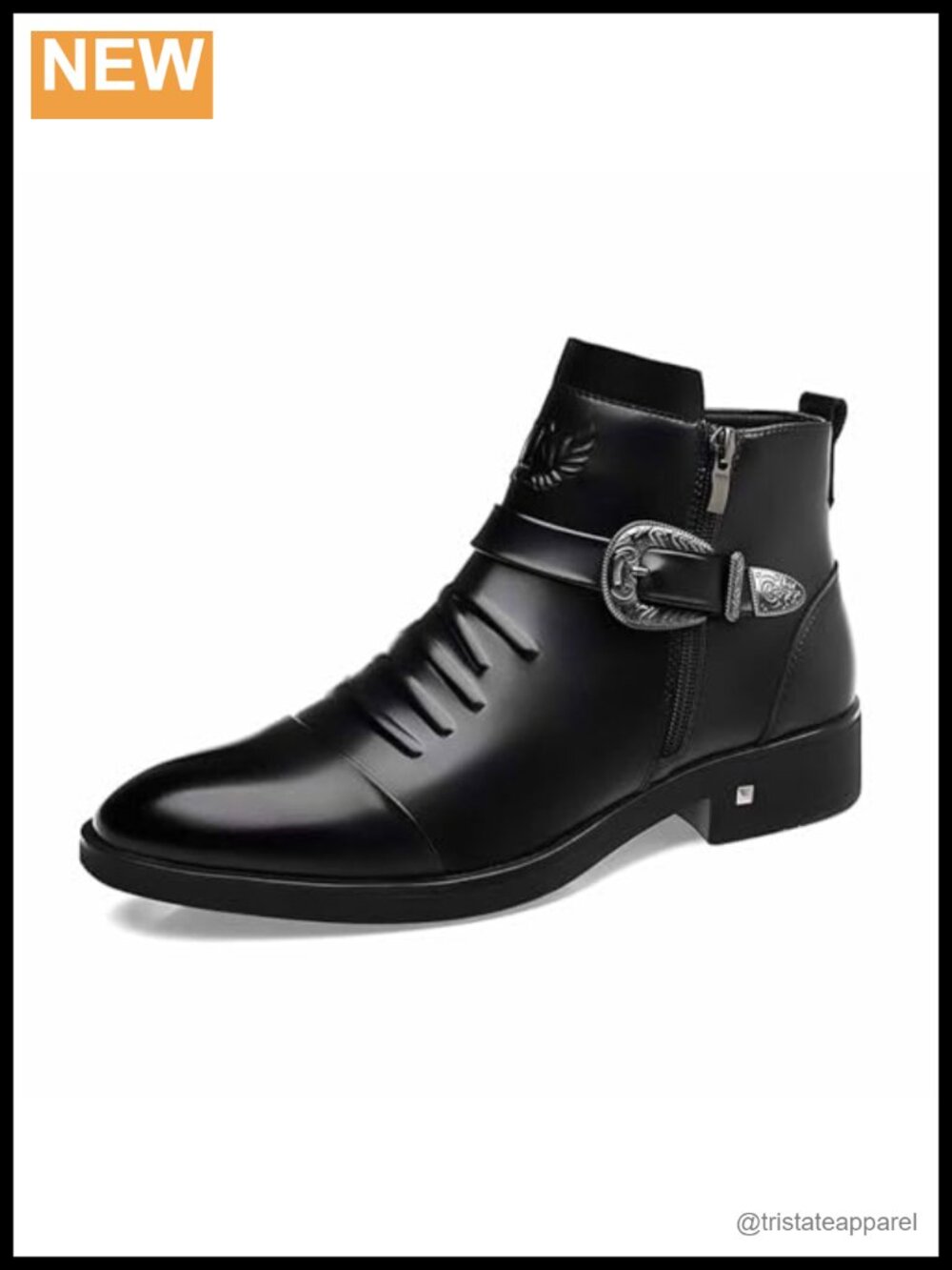 Men's Leather Embossed Ankle Boots Buckle Strap Side Zipper Block Heel Dress